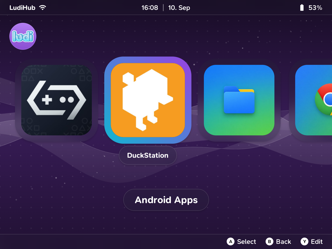 The Android Apps section of LudiHub, showing installed apps such as DuckStation, a file manager and Chrome