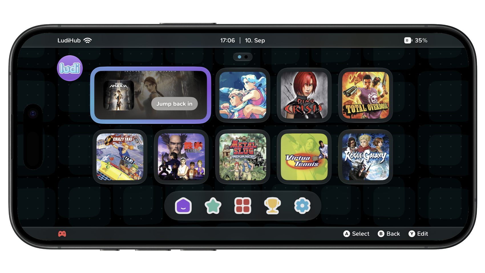 LudiHub running on an iPhone, showing an organised game library