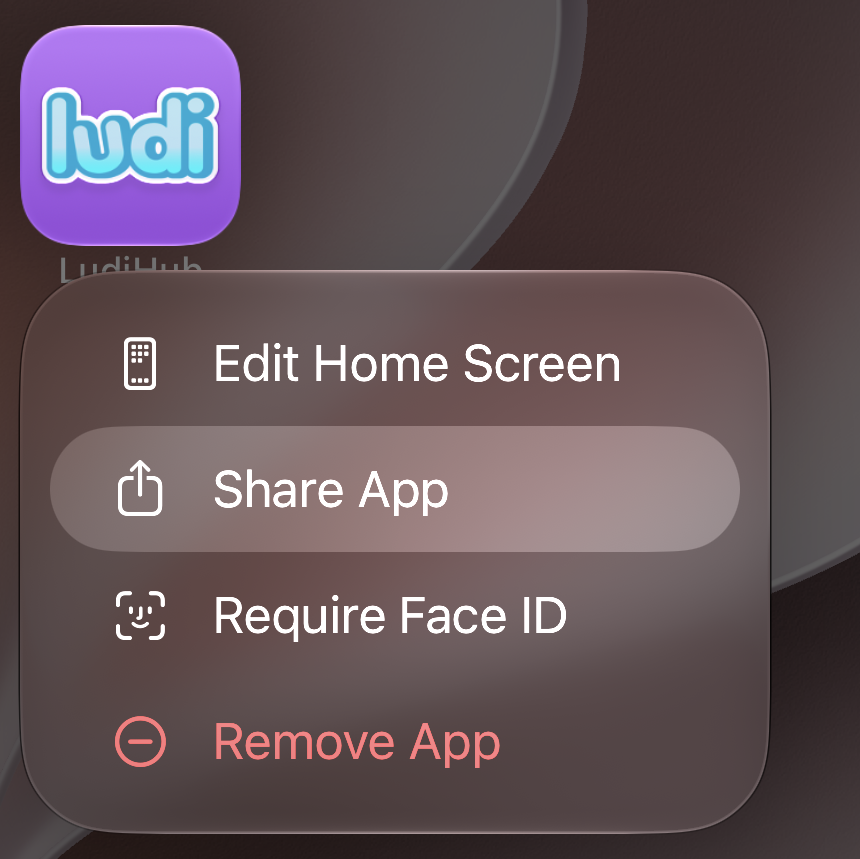 The iOS home screen menu showing the Share App option