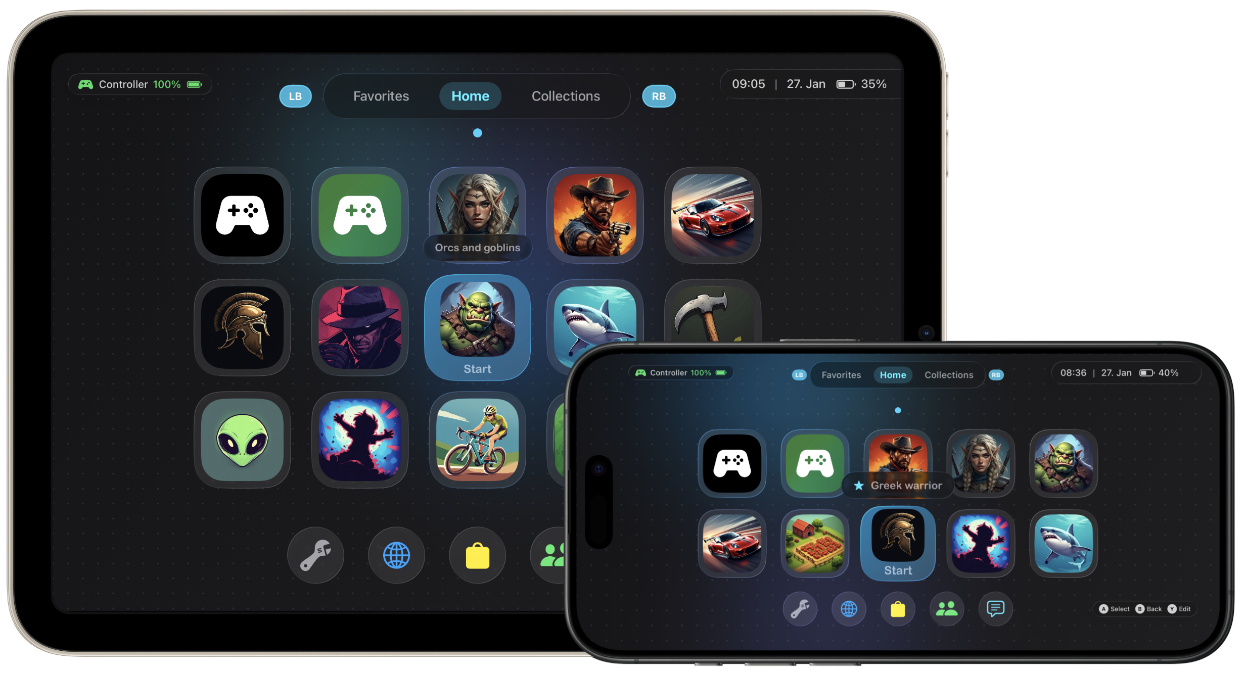 LudiHub game launcher interface shown on iPad and iPhone devices displaying organized game library with custom themes