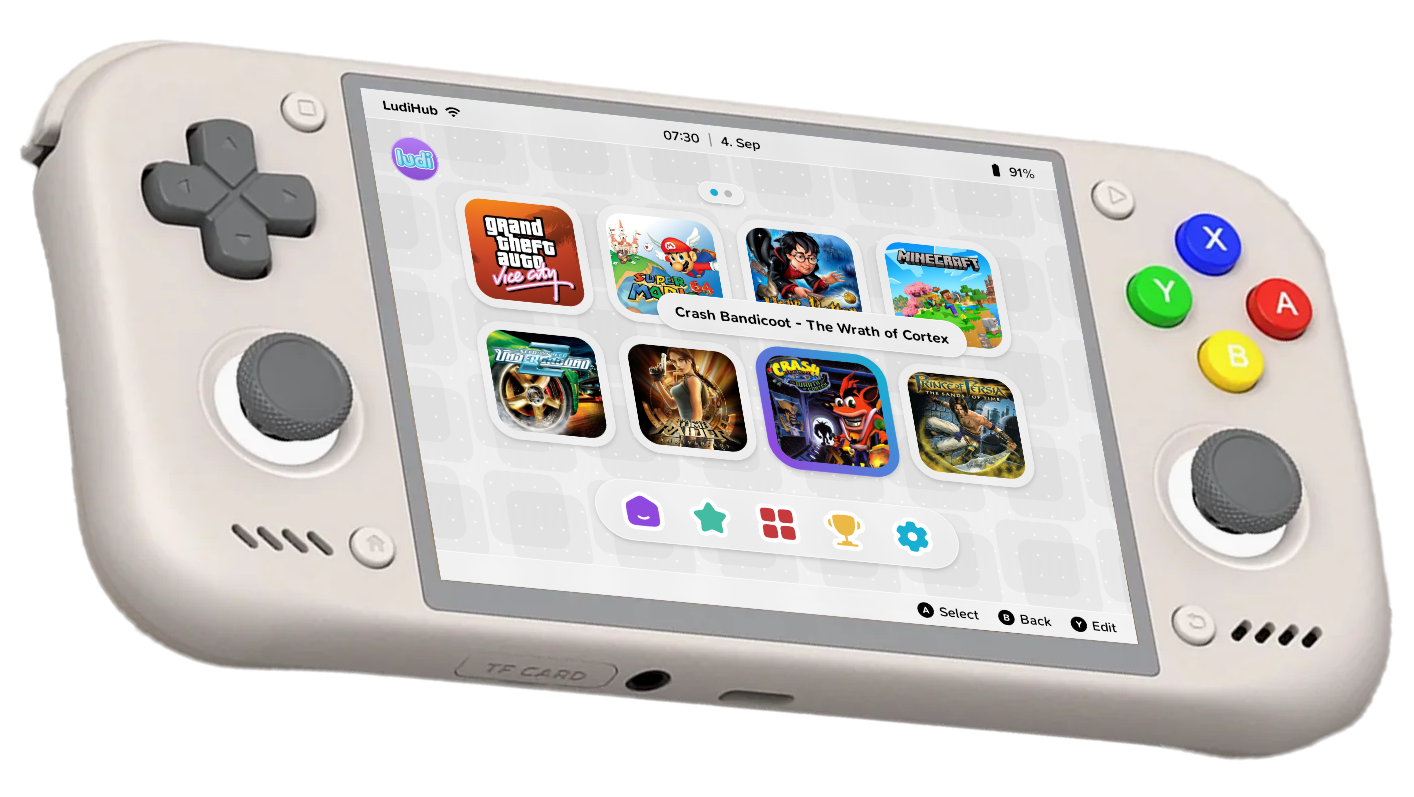 LudiHub running as the launcher on an Android retro gaming handheld, showing an organized game library