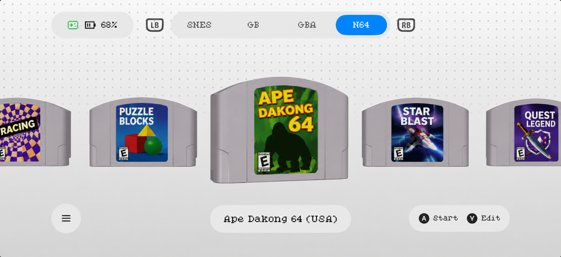RetroCarts showing a shelf of game cartridges sorted by console